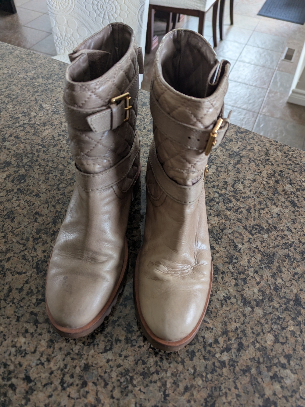 kate spade Quilted Taupe Leather Mid-Calf Booties with Gold Buckles